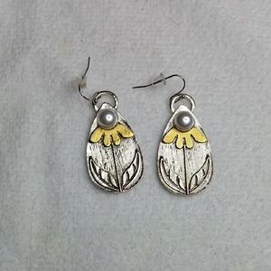 Elegant Silver and Gold Floral Earrings with Pearl Accent